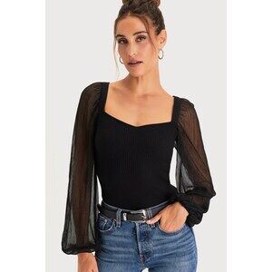 Sweet Edge Black Ribbed Mesh Balloon Sleeve Sweater Top